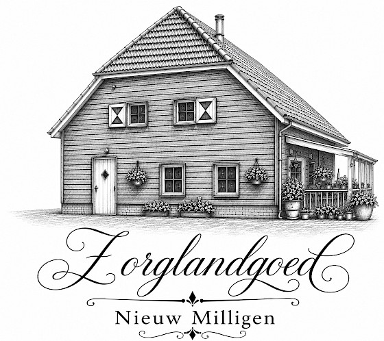Zorglandgoed Nieuw Milligen — tekening van de boerderij met naamlogo